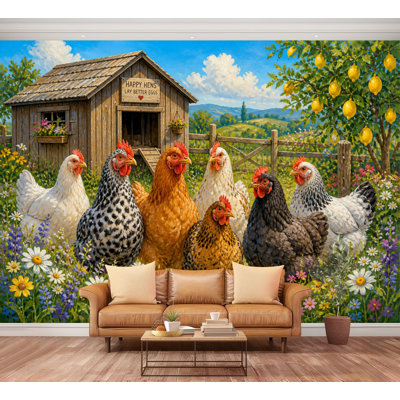 Wall Mural Peel and Stick Colorful Farm Chickens wildflower garden rustic chicken coop Large Wallpaper Self-Adhesive Removable Contact Paper Wall Decor for Living Room Bedroom Nursery 100"H x 144"W