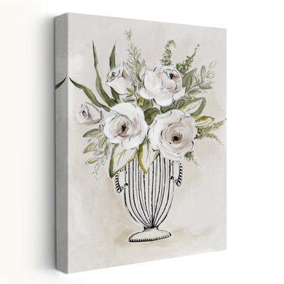 White Roses In Striped Vase - Floral And Botanical Watercolour Illustration Flowers Art