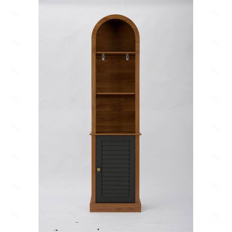 Grande bibliothèque de coin arquée avec porte à volet, vitrine d'angle étroite en bois, support de rangement sur pied pour le salon, la chambre à coucher et les petits espaces