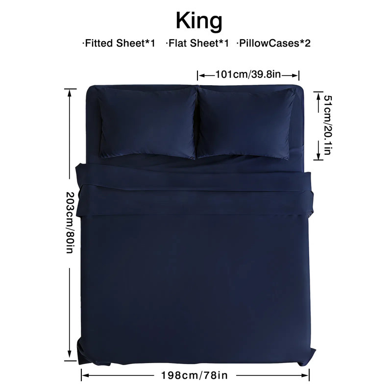 Ensemble de draps 4 pièces - Ultra doux et respirant - Mélange de coton de couleur unie lavable à la machine, Bleu