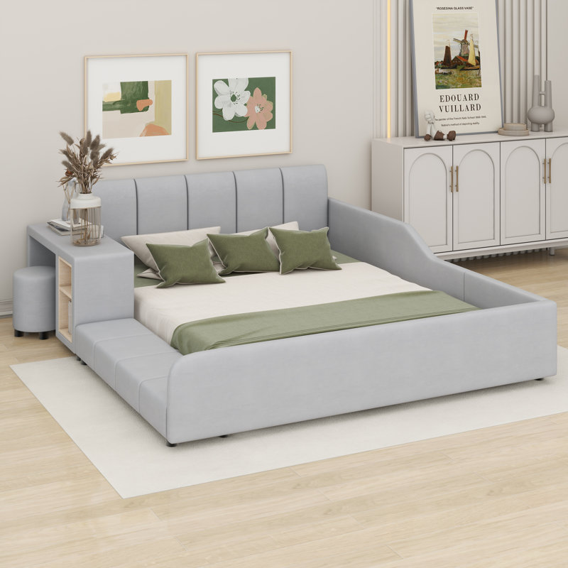 Lit plateforme tapissier avec rangement Leavie, gris, Grand