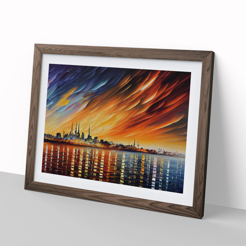 Riveting City Skyline - Single Picture Frame Print, 46cm H x 64cm W x 2cm D, Walnut Framed