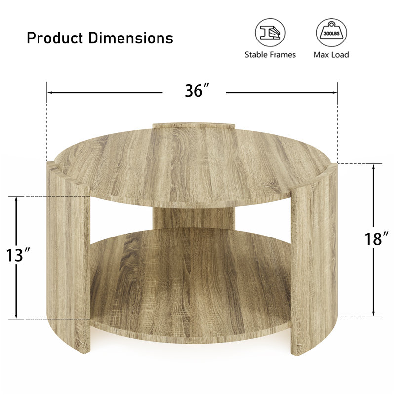 Light Brown Round Wood Coffee Table with 2-Tier Storage