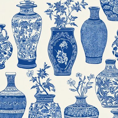 Papier peint à peler et coller avec vases en porcelaine bleu et blanc à motif floral traditionnel auto-adhésif et amovible 24 po x 118 po (60 x 300 cm)