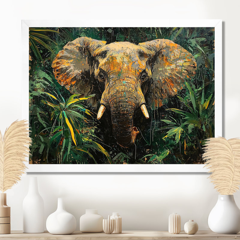 Tête d'éléphant dans la jungle I - éléphant, art mural sur toile, H 24 po x l 32 po, Reproduction encadrée d'une seule photo