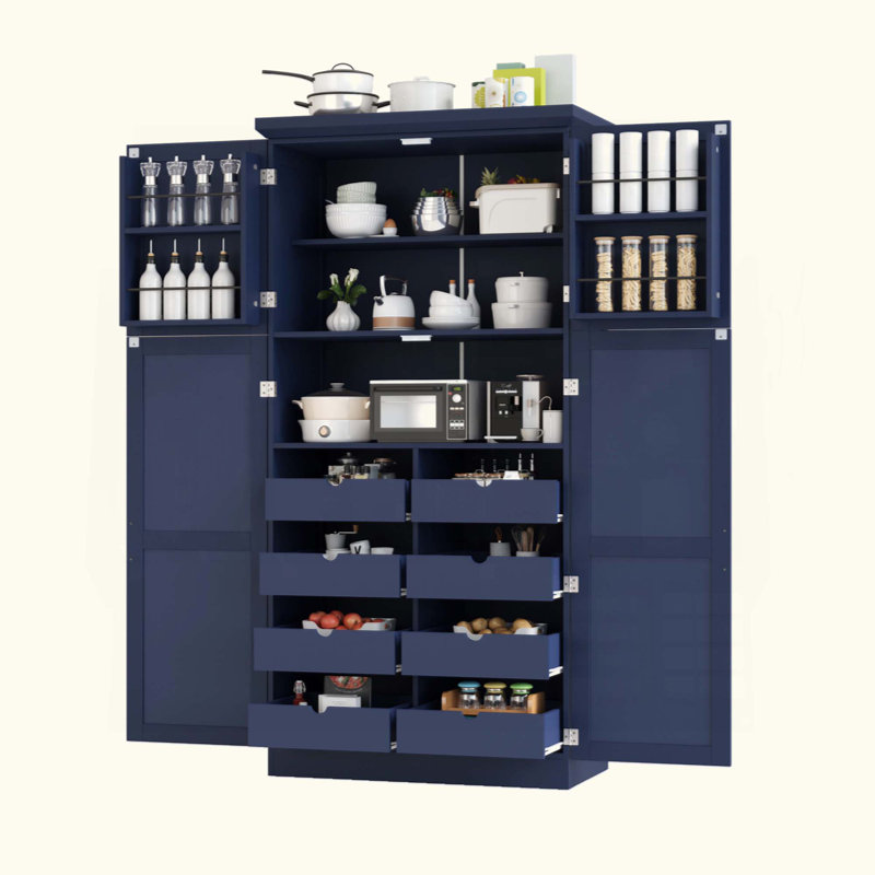 Armoire de cuisine autoportante, armoire de rangement haute avec 4 portes, 2 tablettes de porte, 8 plateaux coulissants et tablette réglable pour la salle à manger