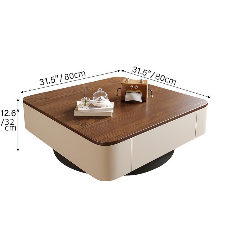 Table basse 31,5 "carrée en bois moderne avec tiroirs de rangement cachés, table centrale à profil bas pour le salon, noyer et crème