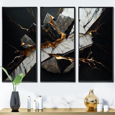 «Abstract Geode Black III», reproduction sur toile flottante 3 pièces