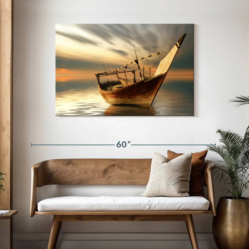 Bateau Mehar au coucher du soleil, H 30 po x l 45 po