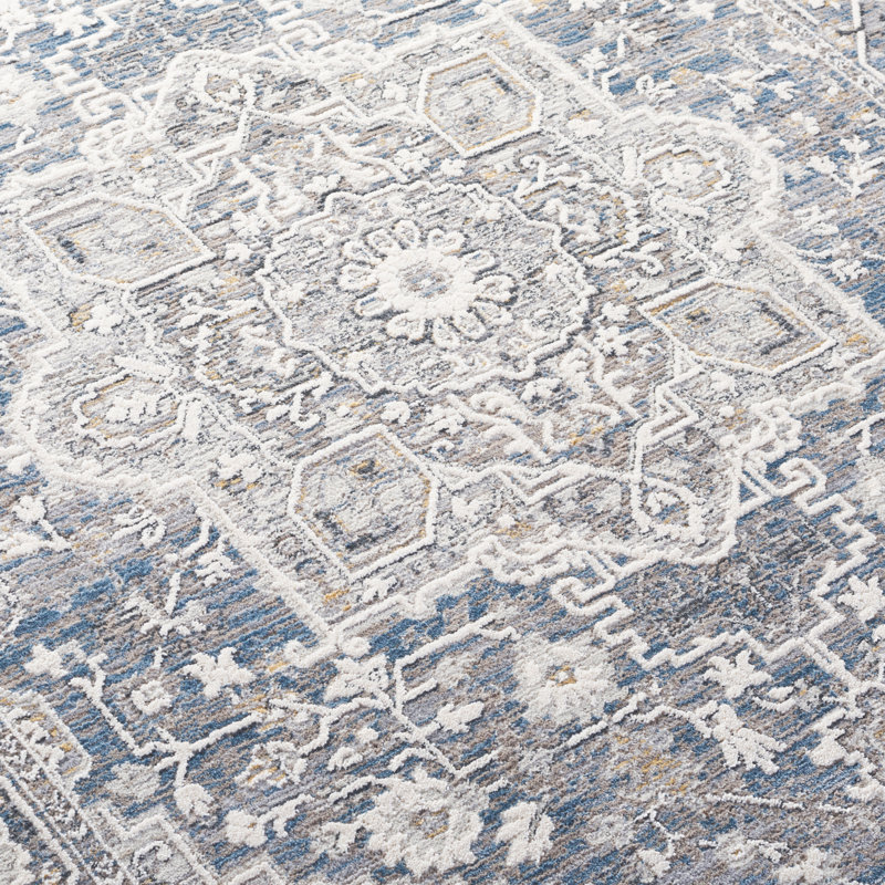 Oriental Area Rug in Grey / Blue, Rectangle 6'3" x 8'9", Blue