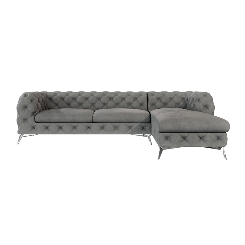 Corner Chaise Chesterfield Sofa  with Silver Metal Legs, Grey, Right Hand Facing