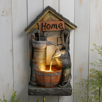 Vintage Solar Powered Wall-mounted And Freestanding Outdoor Fountain, 28.7 H Resin Garden Water Feature With Water Well And Wine Barrel For Gardens, Landscaping, Patios, Balconies, Lawns
