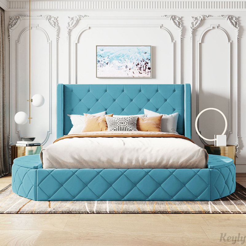 Upholstered Platform Bed Queen Size Storage Velvet Bed with Wingback Headboard and 1 Big Drawer,2 Side Storage Stool, Blue