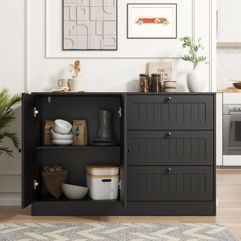 Sideboard Buffet Cabinet With Storage, 47" Large Farmhouse Kitchen Cabinet With 3 Drawers And Doors, Modern Accent Coffee Bar Wood Table For Living Room Dining Room, Black