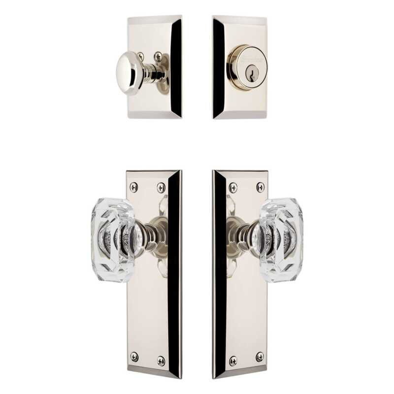 Grandeur Fifth Avenue Long Plate Entry Set with Baguette Clear Crystal Knob in Timeless Bronze, 2.75", Polished Nickel