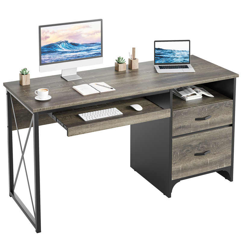 Bureau d'écriture avec plateau pour clavier Labelle, Gris rétro / chêne foncé
