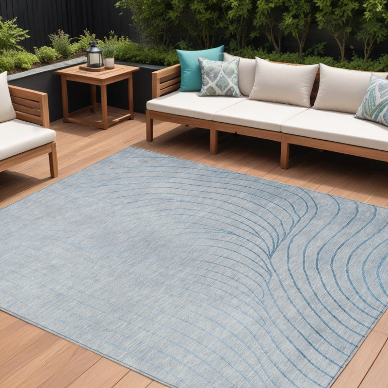 Tapis extérieur lavable abstrait bleu ciel et argent 10 pi x 14 pi