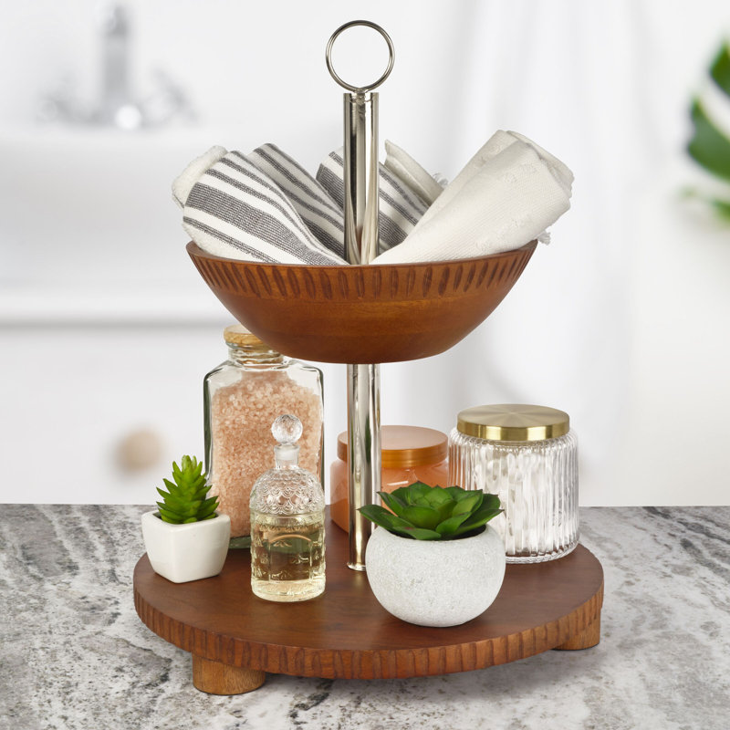 Mikasa Gourmet Basics Hamden 2 Tier Server, Wood Bowl Top And Wood Tray Bottom