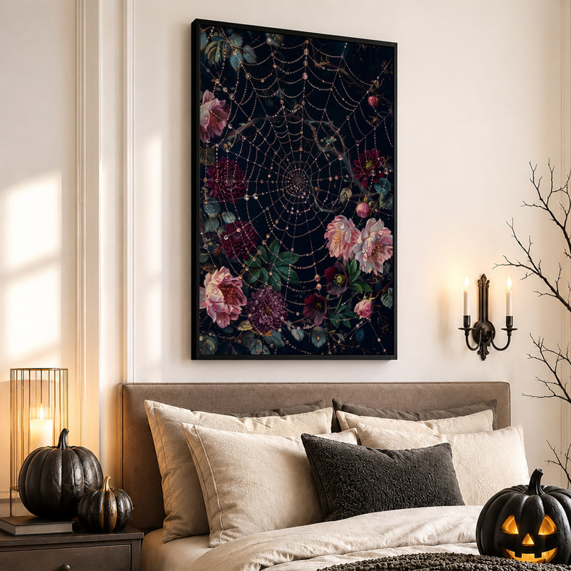 Art sur toile rose et mauve entouré de perles, H 18 po x l 12 po