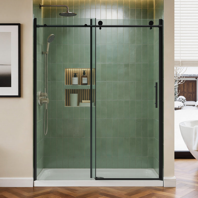 BCANHOME 56–60"W x 76"H Semi-Frameless Sliding Shower Door–10 mm (3/8") Tempered Glass | Stainless Steel Anti-Rust Hardware | Explosion-Proof Film, Easy-Clean Design, Smooth Sliding Performance | Clear & Stylish, Sturdy & Durable
