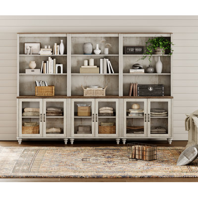 Scarlett 72.1"H X 101.6"W Bookcase With Doors Set Of 3, 5 Tier Bookshelf, Tall Book Case Shelf With Glass Storage Cabinets, Large Wood Bookcases Farmhouse Bookshelves For Living Room Bedroom Home Office Kitchen