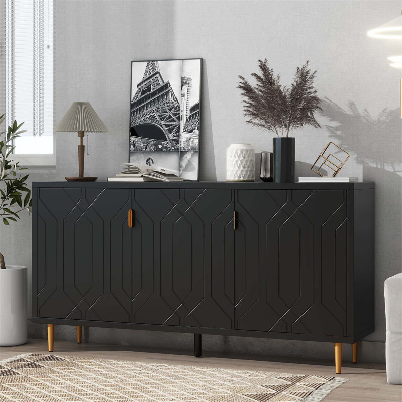 Modern TV Stand With 3 Doors And Adjustable Shelves, For Contemporary Living Rooms And Entertainment Centers, Black