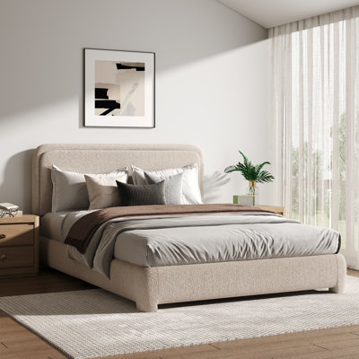 Boucle Upholstered Platform Bed With Nightstand Set, Farmhouse Bedside Table With Storage Drawer And Open Wood Shelf, Rustic Bedroom Furniture