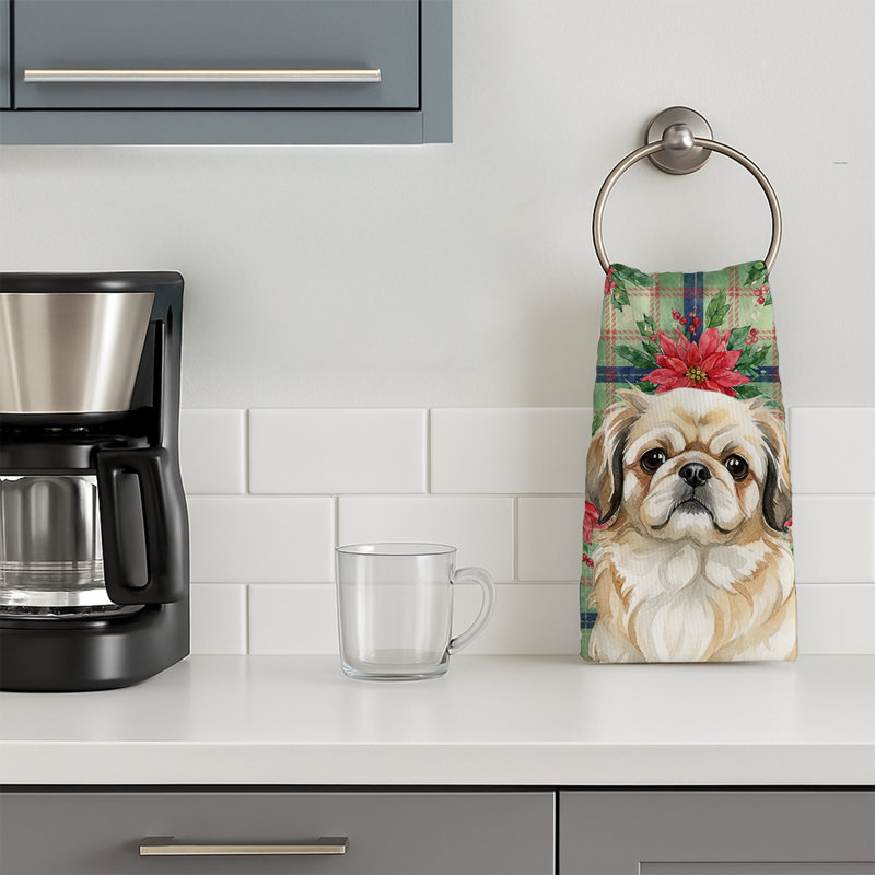 Fawn Pekingese Christmas PoinsettIas Kitchen Towel, Fawn Pekingese