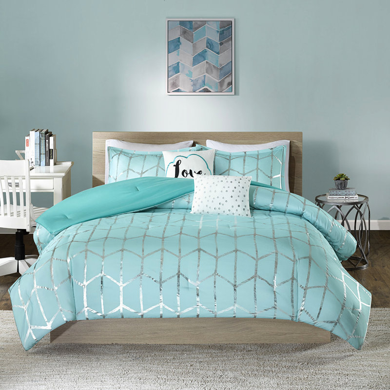 Édredon simple / simple TG argenté - Literie moderne et élégante, Twin Comforter + 4 Additional Pieces, Aqua/Silver