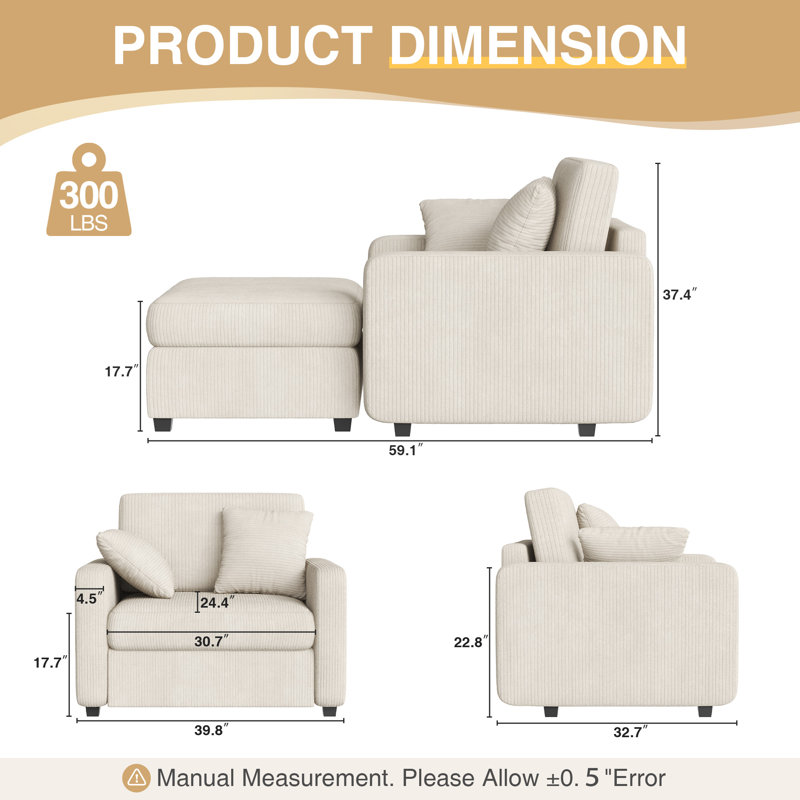 Atlai 40''W Upholstered Chaise Lounge with Ottoman and Two Pillows, Cream
