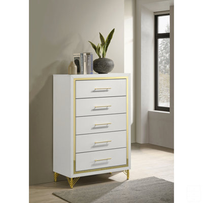 Leliea White 5-drawer Chest with Gold Trim