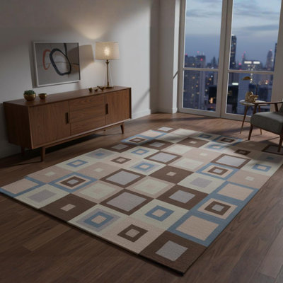 Tapis géométrique moderne en laine touffeté à la main brun, bleu, gris, ivoire et beige Millwood