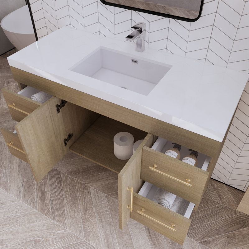 Ensemble de meuble-lavabo simple mural 47 po Bastos, Chêne blanc