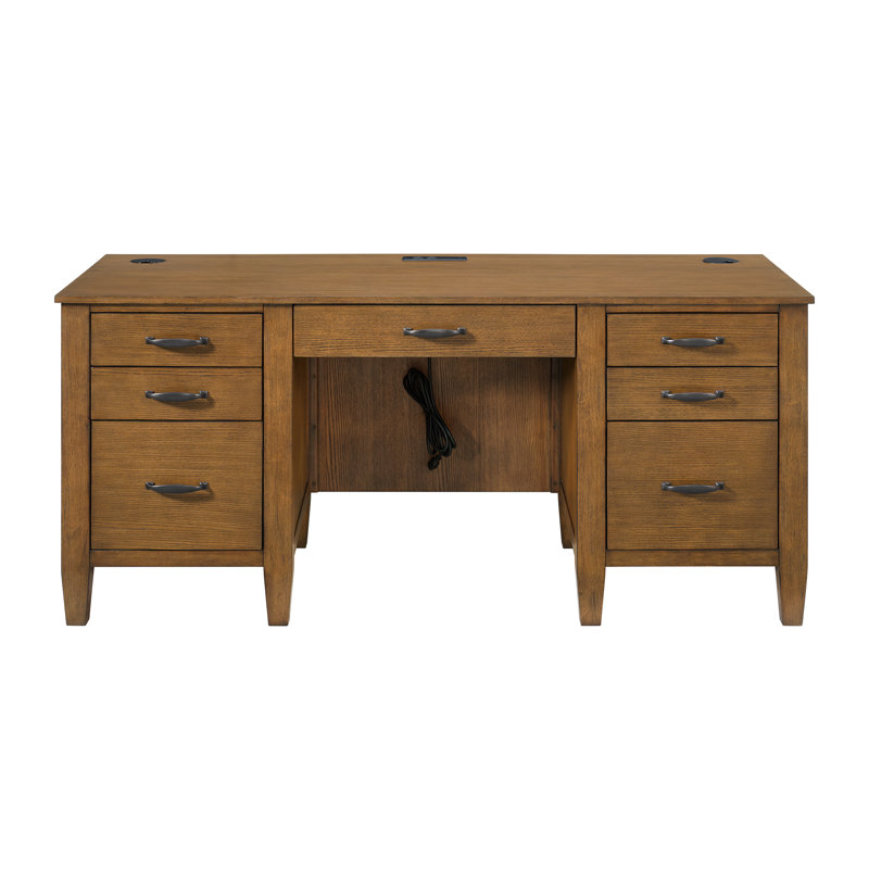 Bureau à double caisson Hanoverton avec alimentation / USB en chêne brun