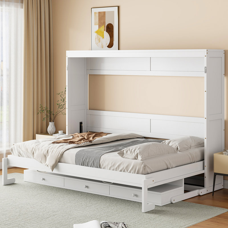 Grand lit escamotable mural avec rangement, armoire-lit pliable avec coiffeuse, miroir central et 2 tiroirs latéraux