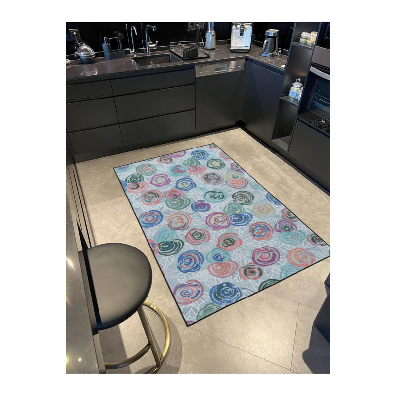 Blue Background Floral Woven Base Washable Carpet, Rectangle 4'8" x 6'7"