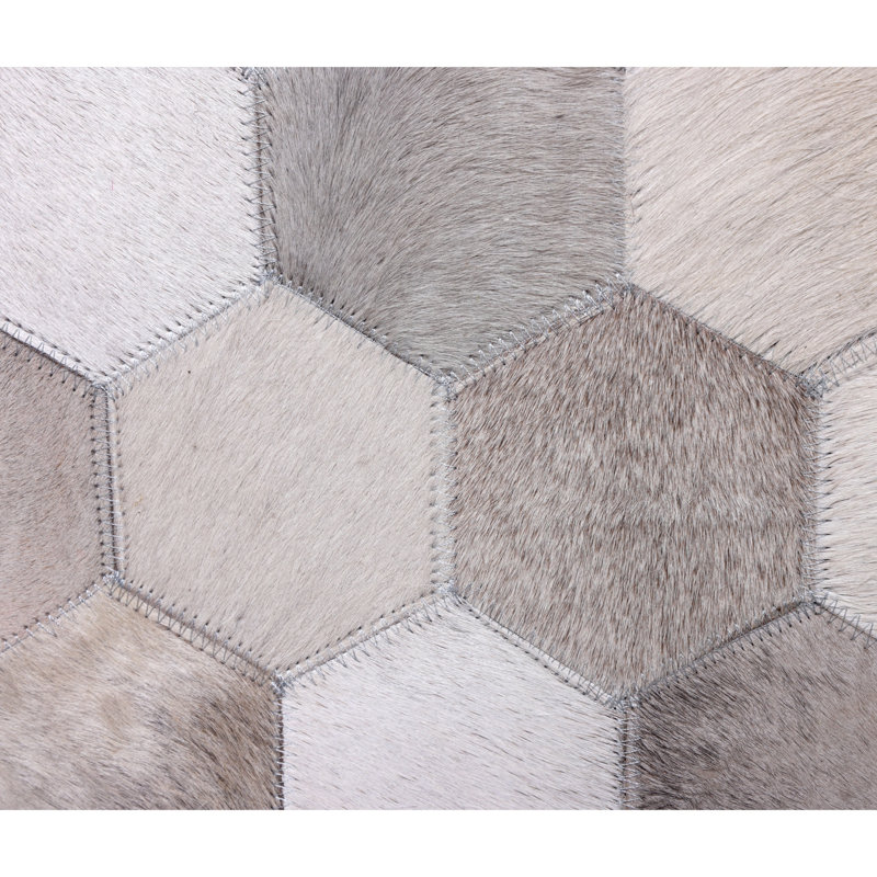 Handmade Hexagon Patchwork Cowhide Leather Ottoman Pouf 18X18 Neutral
