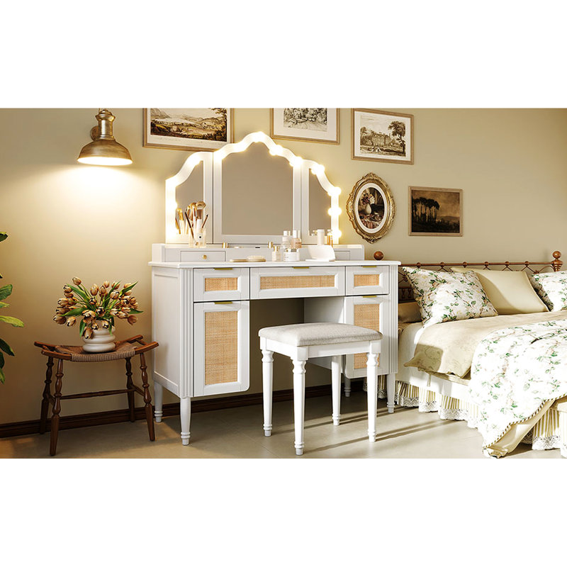 44.57" Makeup Vanity Desk With 13 Bulbs, 3 Lighting Modes, Tri - Fold Mirror, 5 Drawers, Shelves, And Charging Station For Bedroom White, Ample Storage, Construction Dressing Type Variations, Drawers