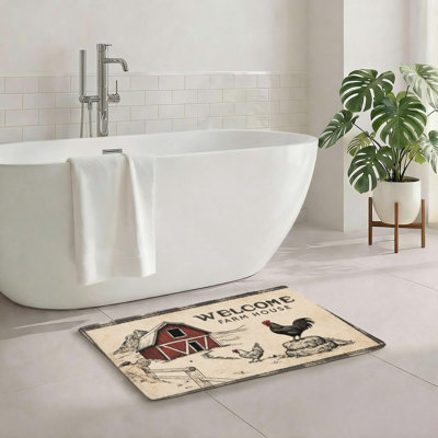 Beige Farmhouse Rooster Bath Rug, 20 X 32 Inches, For Bathroom, Kitchen