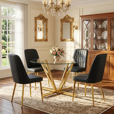 45.2" Round Glass Dining Table Set for 4, Tempered Glass Table With 4 PU Leather Upholstered Chairs