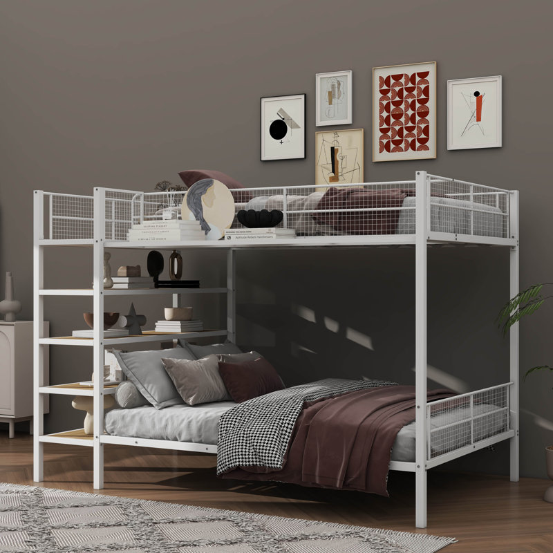 Lit superposé simple au-dessus de double avec tablettes à 5 niveaux Faer, cadre de lit superposé en métal Faer, Blanc