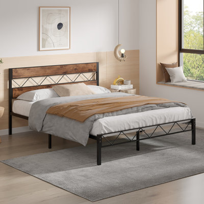 Abigael Industrial Metal Platform Bed Frame with Wood Headboard, Underbed Storage, Noise-Free, No Box Spring Needed-Twin/Full/Queen Size Bed Frames by Lark Manor