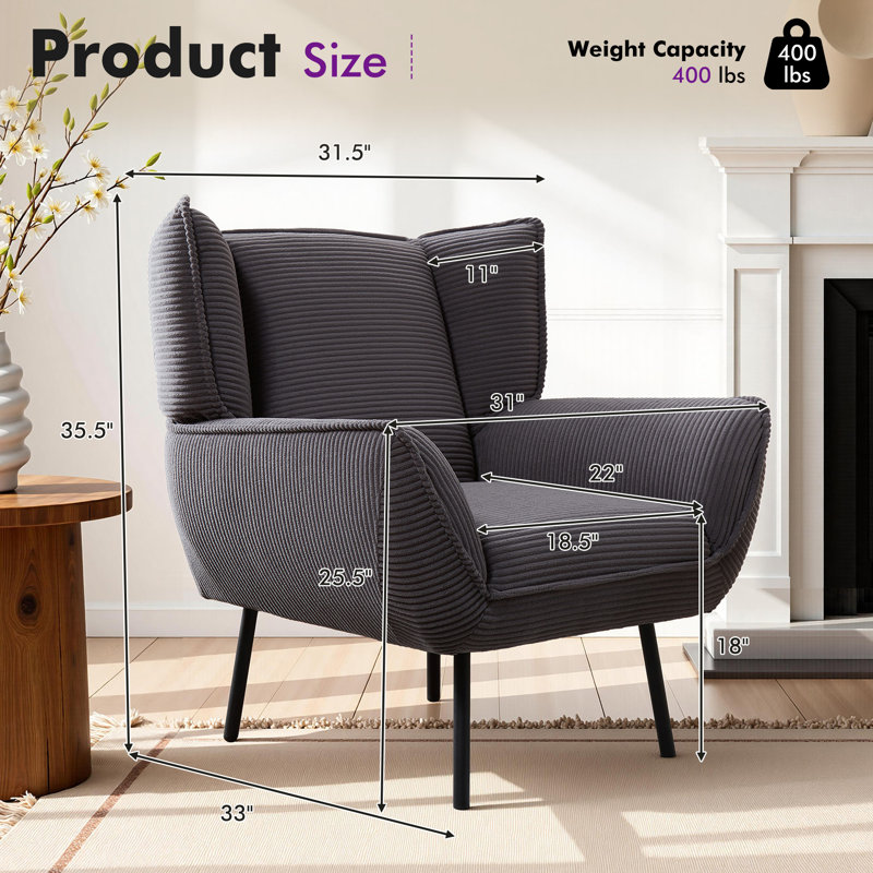 Modern Upholstered Wingback Accent Chair For Living Room/bedroom, Gray Corduroy, Gray 