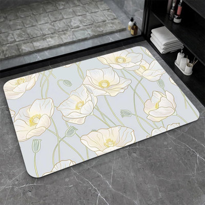 Tapis de bain en terre de diatomées, coquelicots blancs, volume super-absorbant, séchage rapide, écologique, facile à nettoyer, facile à nettoyer pour la salle de bain, tapis de porte 16 x 24 pouces (40 x 60 cm)