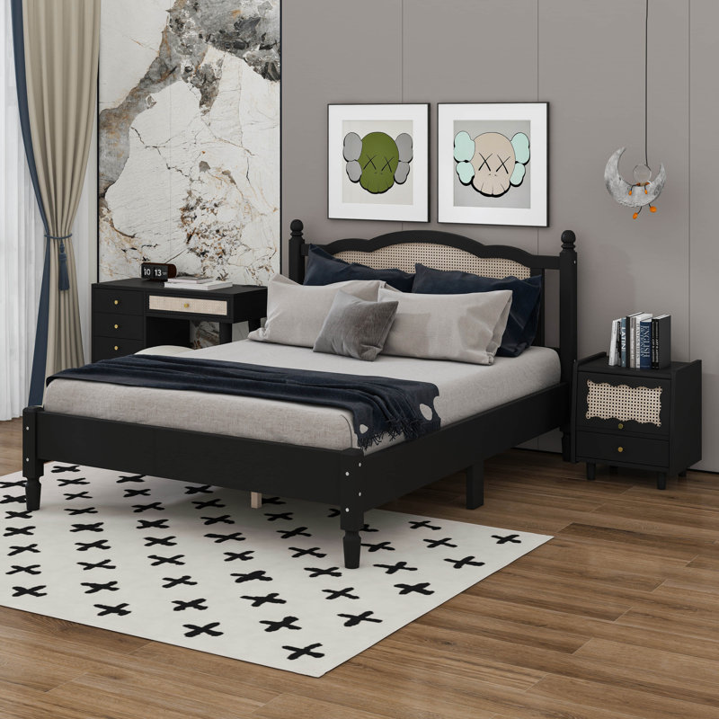 Ensemble de chambre à coucher 3 pièces avec cadre de lit en bois, 1 table de chevet rétro et 1 coiffeuse de maquillage avec tabouret