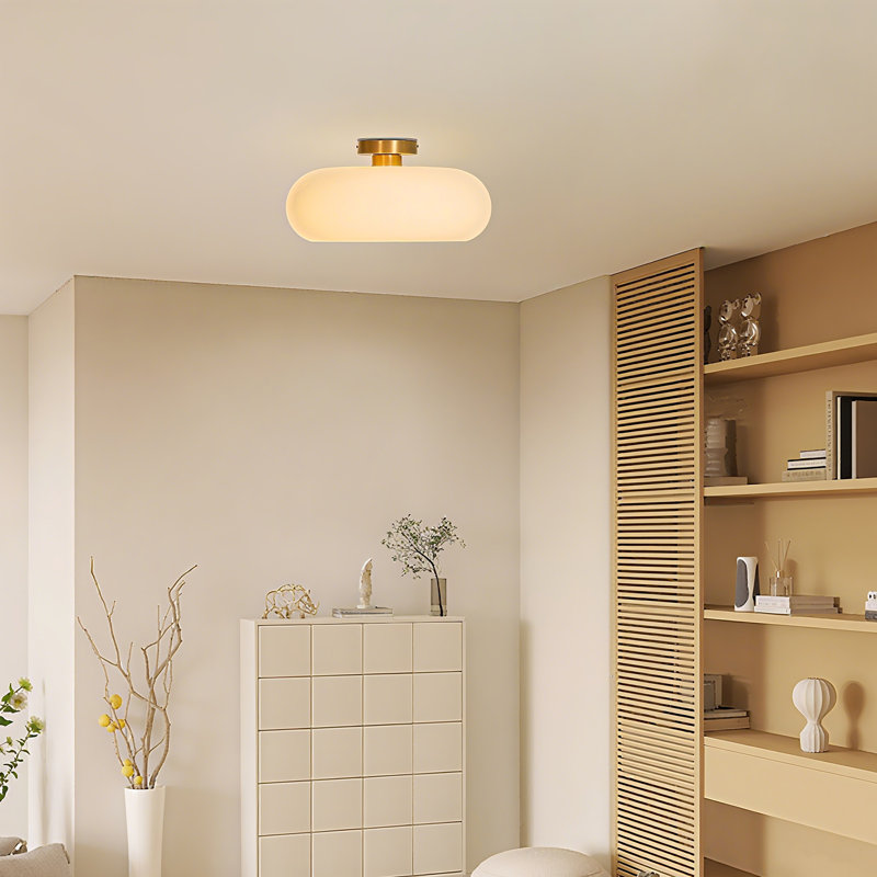 Mid-century Modern Beige Semi Flush Mount Ceiling Light, 7.28" H x 15.75" W x 15.75" D