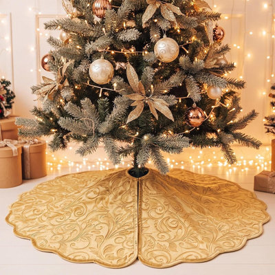 Gold Velvet Christmas Tree Skirt, Elegant Scalloped Edge, Luxury Holiday Tree Base Décor