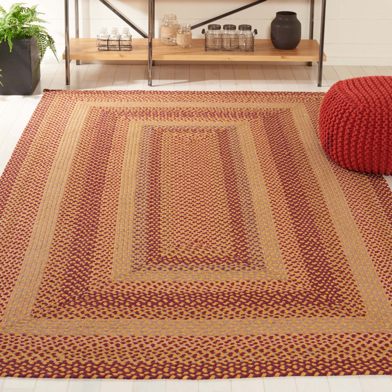 Tapis géométrique tressé à plat en coton et autres en jaune et rouge, Rectangle 5 pi x 8 pi