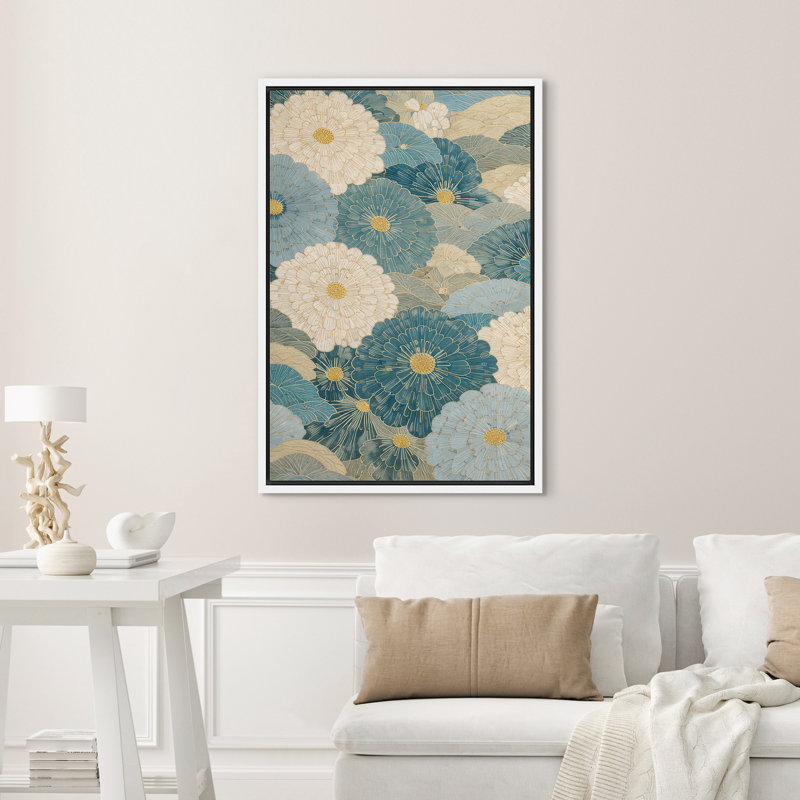 "Blue and Beige Floral", motif botanique décoratif, impression sur toile, H 24 po x l 16 po, Blanc