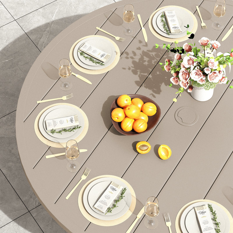 Round Patio Dining Set with 48" Metal Dining Table and 6 Stackable Armrest Chairs, Cream/Cream/Cream